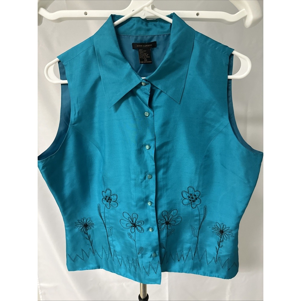 Anne Carson Turquoise Sleeveless Blouse Women's Sz 12 Floral Embroidery 100%Silk